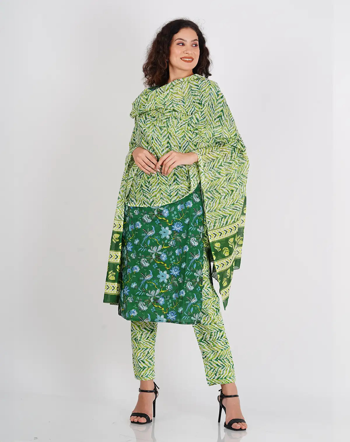 Green Bird & Flower Cotton Suit Set