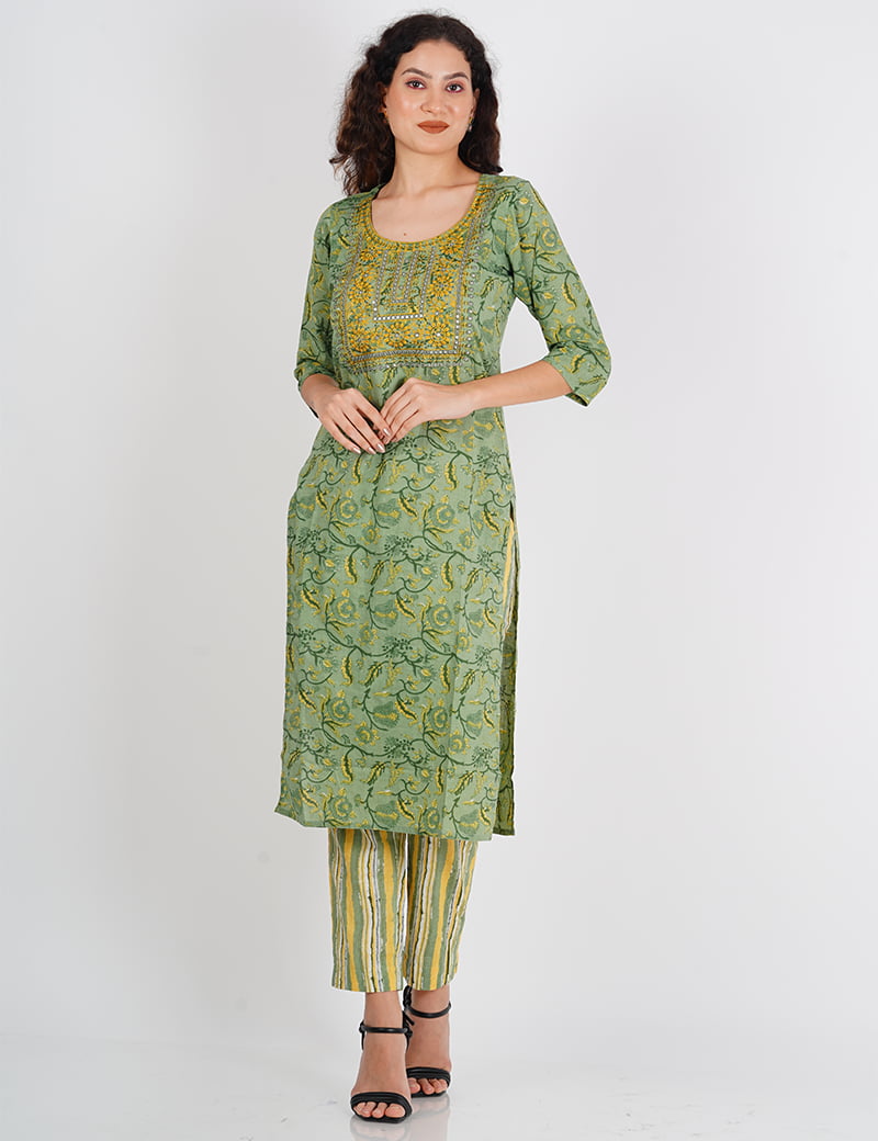 Green & Yellow Embroidery Suit Set