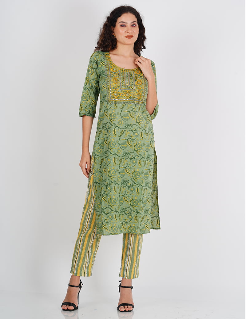 Green & Yellow Embroidery Suit Set
