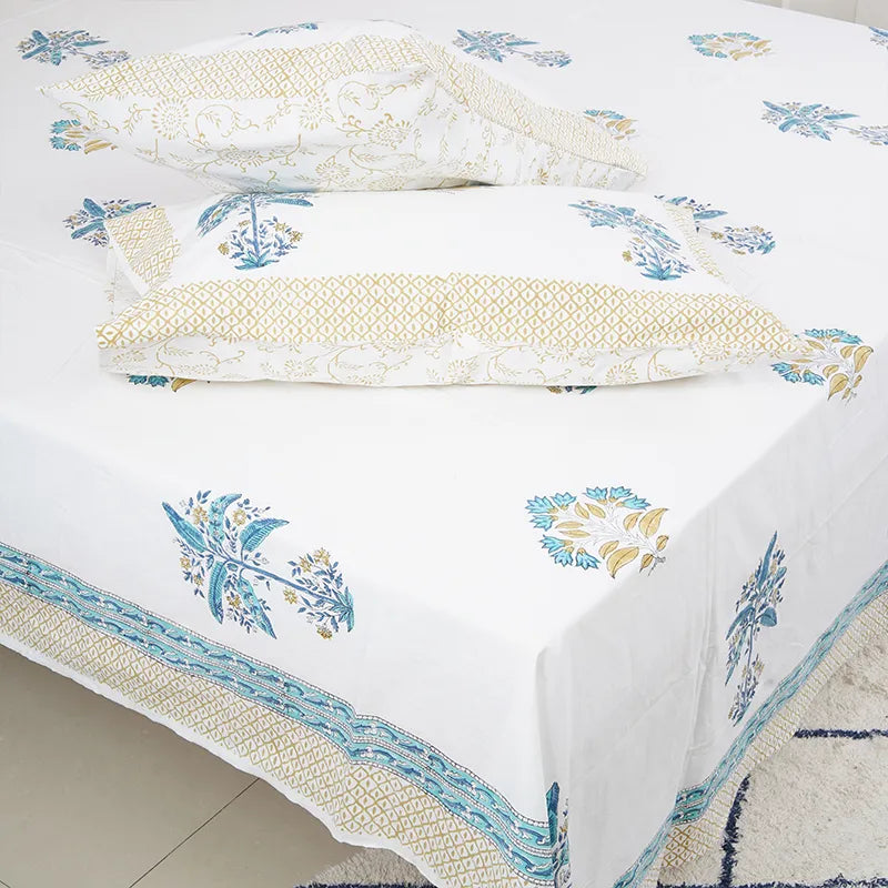 Palm Hand Block Printed Cotton Bedsheet Set