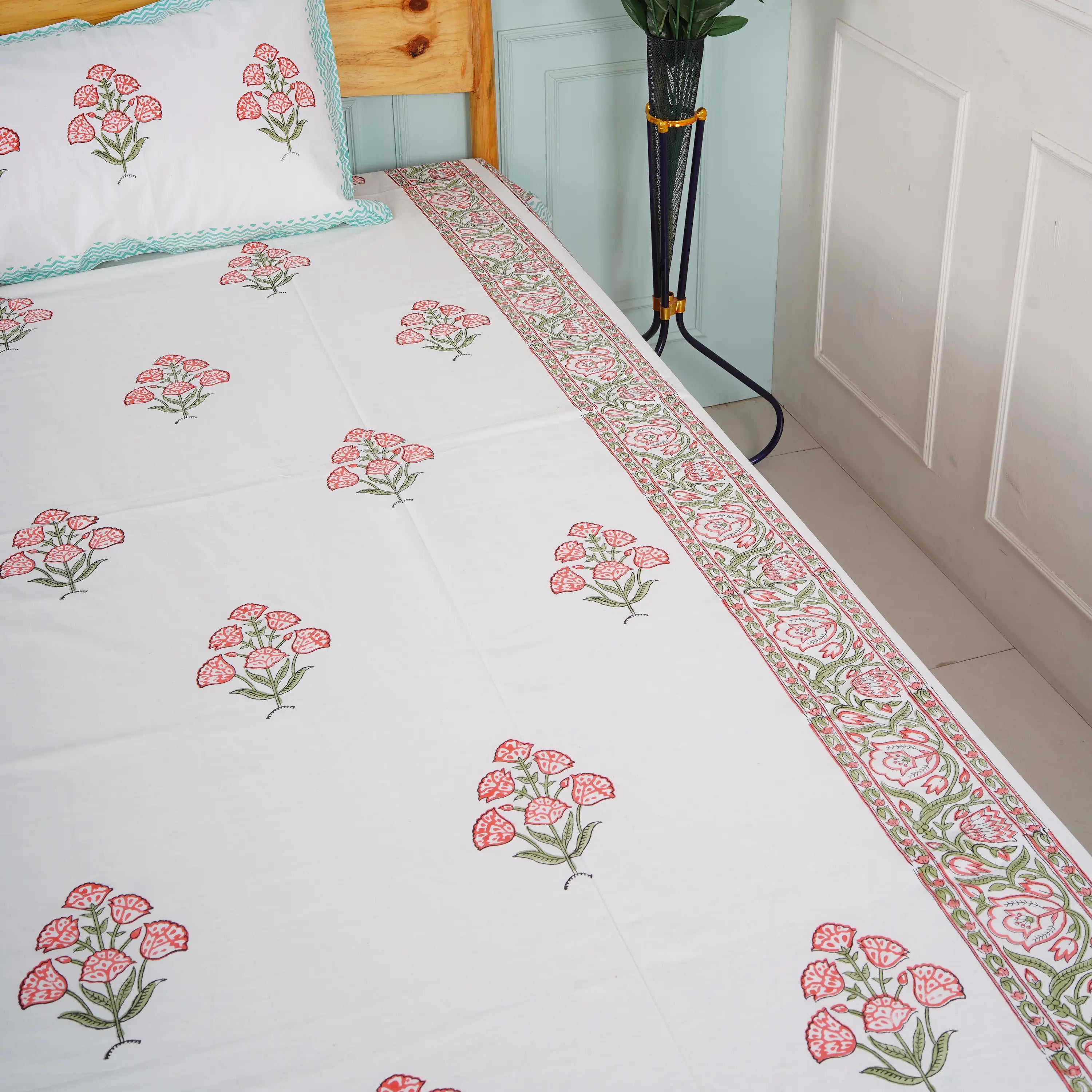 Six Flower Hand Block Cotton Bedsheet Set