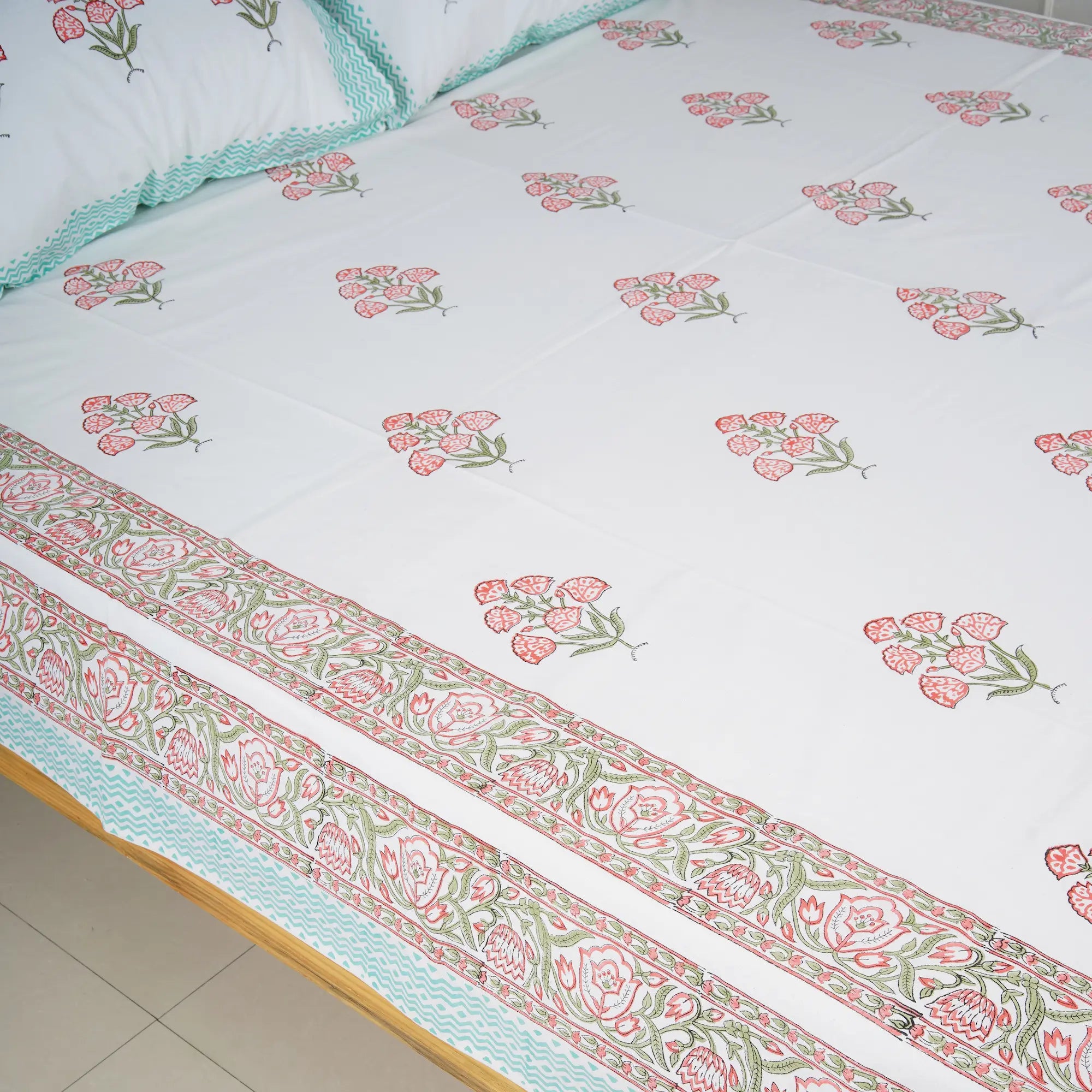 Six Flower Hand Block Cotton Bedsheet Set