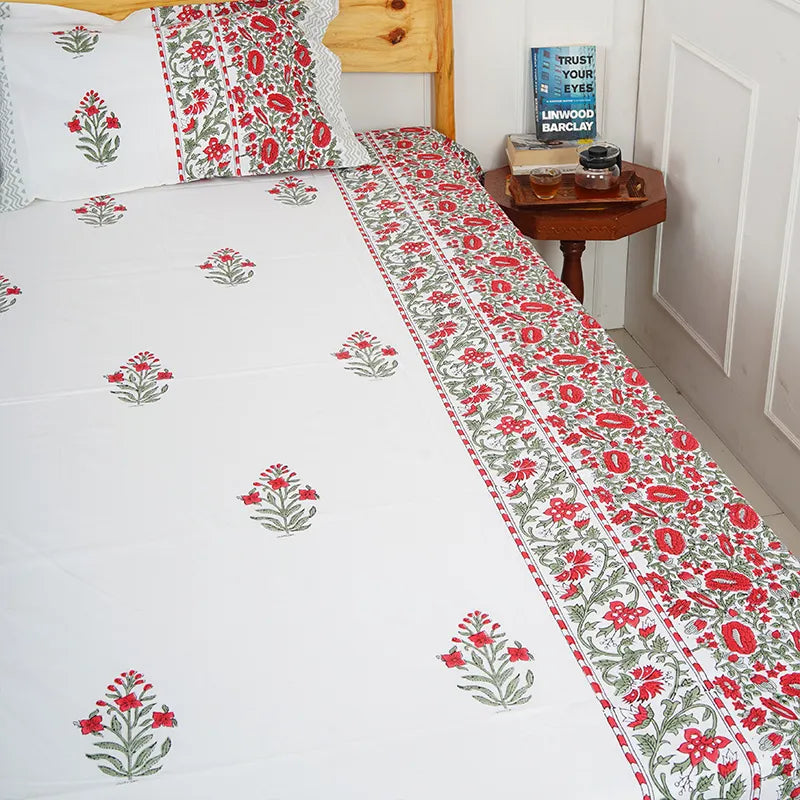 Red Valley Hand Block Printed Cotton Bedsheet Set